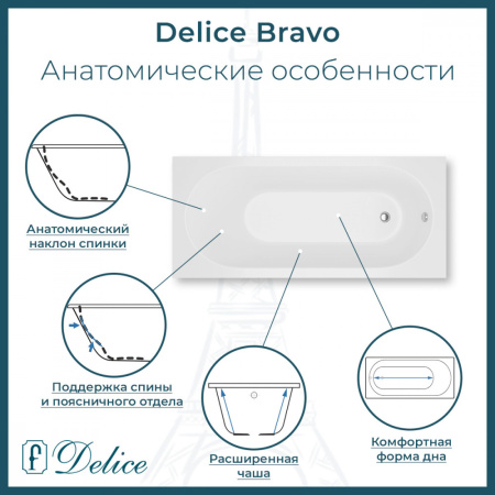 Ванна Ванна Delice Bravo 190х90 матовая с ручками Хром (в комплекте ванна с ножками и сливом-переливом)
