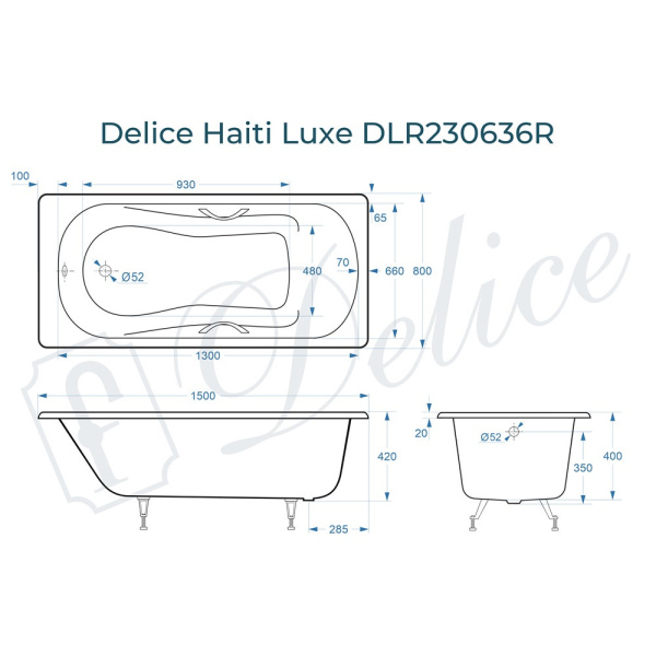 Ванна Ванна чугунная Delice Haiti Luxe 150х80 (в комплекте ванна с ручками хром и ножками, без слива-перелива)