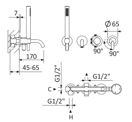 Смеситель для ванны CEZARES LEAF-VDIM3-D-L-NOP