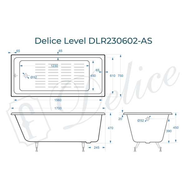 Ванна Ванна Delice Level 170х75 с антискользящим покрытием (в комплекте ванна с ножками, без слива-перелива)