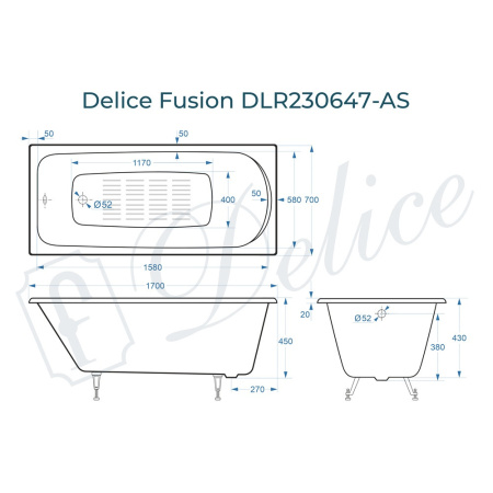 Ванна Ванна Delice Fusion 170х70 с антискользящим покрытием (в комплекте ванна с ножками, без слива-перелива)