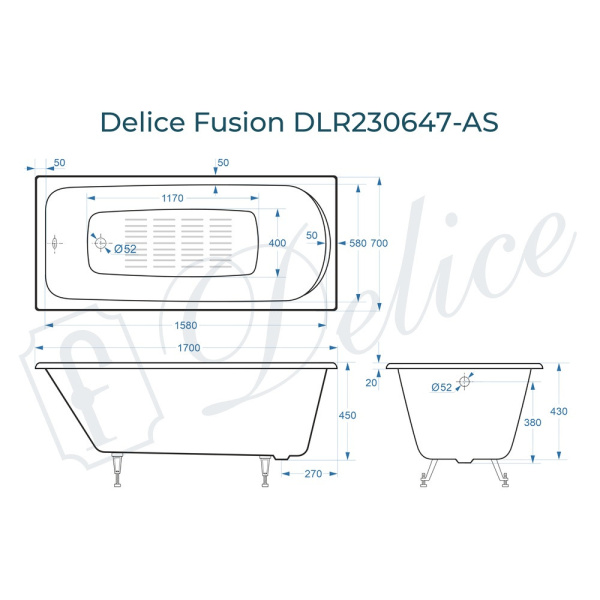 Ванна Ванна Delice Fusion 170х70 с антискользящим покрытием (в комплекте ванна с ножками, без слива-перелива)