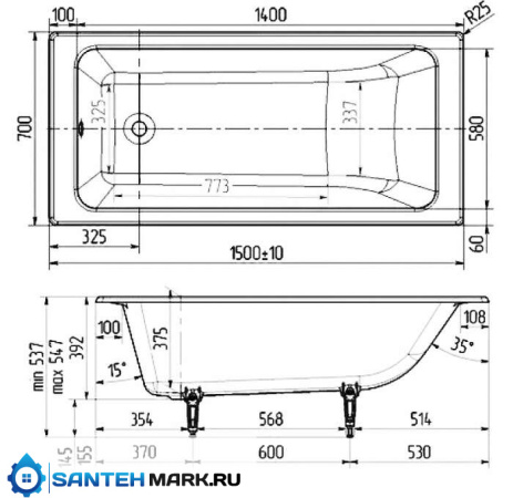 Ванна чугунная 150x70 Wotte Line 1500x700