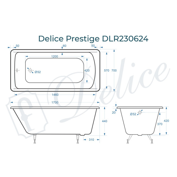 Ванна Ванна Delice Prestige 170х70 (в комплекте ванна с ножками, без слива-перелива)