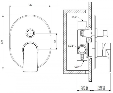 Смеситель для душа Cezares Lagos LAGOS-VDIM-NOP с внутренней частью