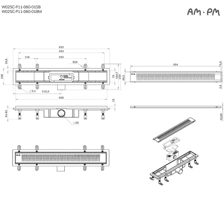 Трап для душа Am.Pm PrimeFlow 60 W02SC-P11-060-01BM с Черной матовой решеткой Cut Gradient