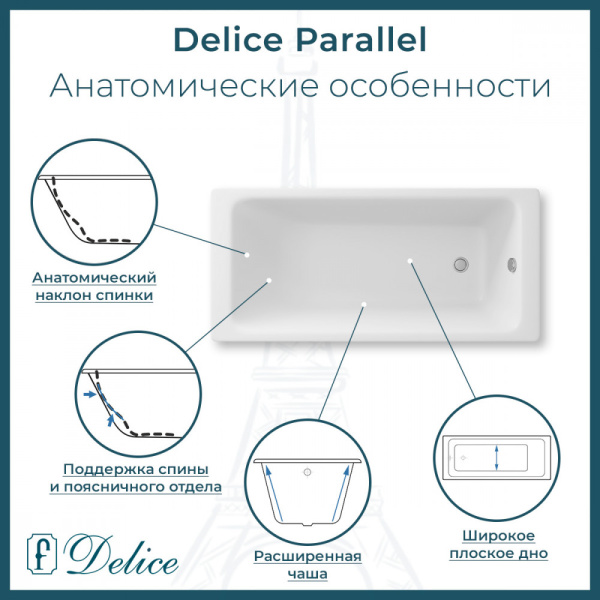 Ванна Ванна Delice Parallel 170х70 с черными матовыми ручками (в комплекте ванна с ножками, без слива-перелива)
