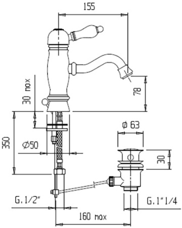 Смеситель для раковины Cezares Venezia VENEZIA-LSM1-03/24-Bi с донным клапаном