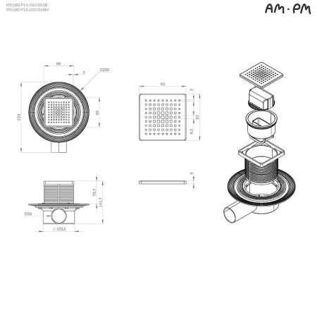 Трап для душа Am.Pm MasterFlow 10 W01BD-P11-010-01BM с Черной матовой решеткой Cut Gradient