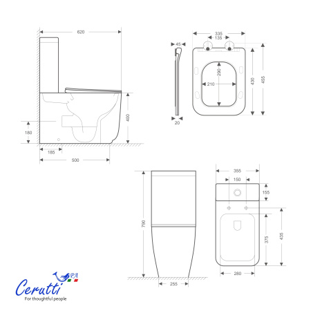 Унитаз Ceruttispa АЛЬВАРО (ALVARO) Tornado CT11089 безободковый (620х355х790)