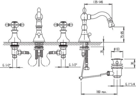 Смеситель для биде Cezares Nostalgia NOSTALGIA-BBS2-02 c донным клапаном