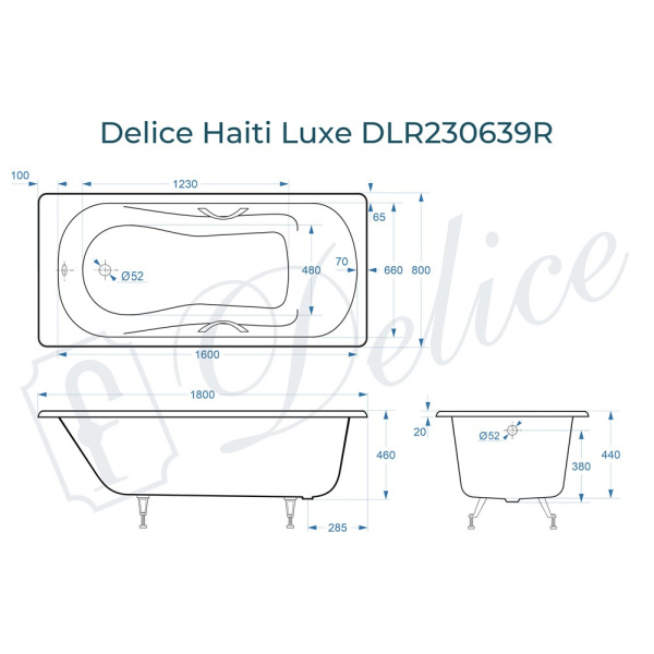 Ванна Ванна чугунная Delice Haiti Luxe 180х80 (в комплекте ванна с ручками хром и ножками, без слива-перелива)