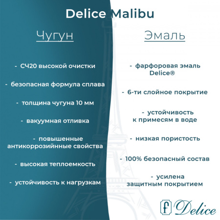 Ванна Ванна чугунная Delice Malibu 180х80 с антискользящим покрытием (в комплекте ванна с ручками хром и ножками, без слива-перелива)