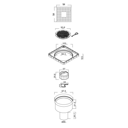 Трап для душа BERGES водосток напольный Trend 100x100 нержавеющая сталь, хром глянец, D50 вертикальный