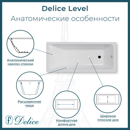 Ванна Ванна Delice Level 170х75 с антискользящим покрытием (в комплекте ванна с ножками, без слива-перелива)