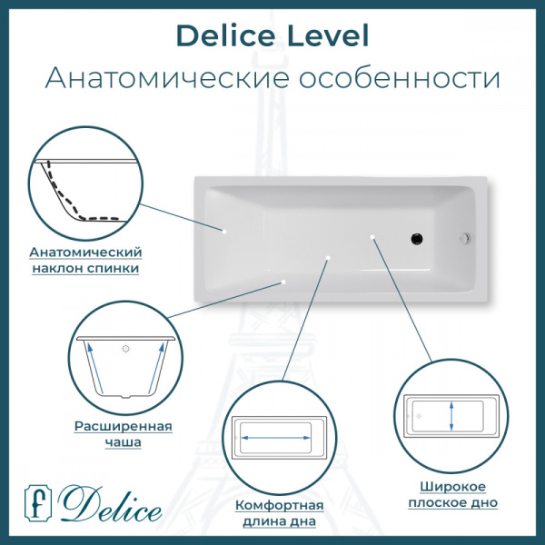 Ванна Ванна Delice Level 170х75 с антискользящим покрытием (в комплекте ванна с ножками, без слива-перелива)