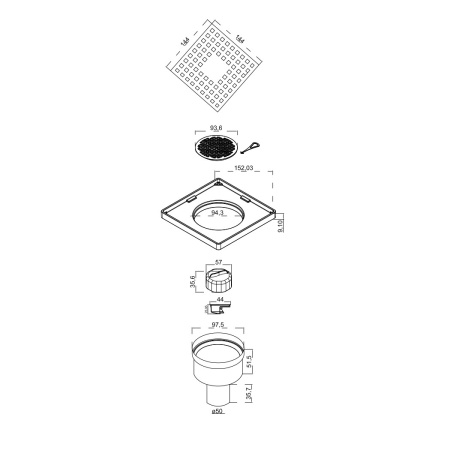 Трап для душа BERGES водосток напольный Trend 150x150 нержавеющая сталь, хром глянец, D50 вертикальный