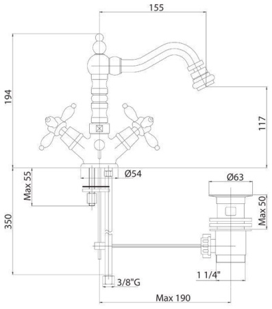 Смеситель для биде Cezares Nostalgia NOSTALGIA-BS2-03/24 с донным клапаном
