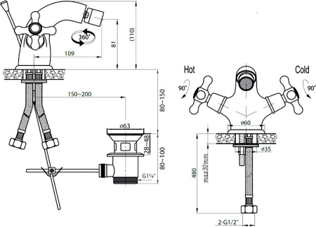 Смеситель для биде Cezares Golf GOLF-BS1-01 с донным клапаном