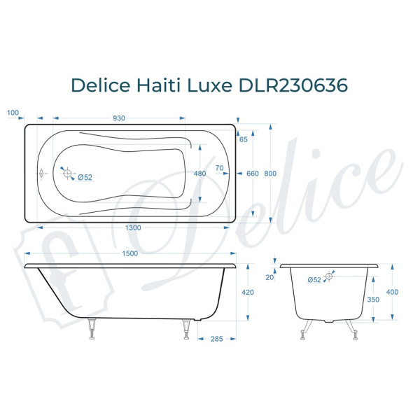 Ванна Ванна Delice Haiti Luxe 150х80 (в комплекте ванна с ножками и сливом-переливом)
