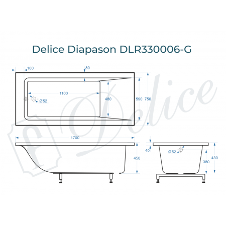 Ванна Ванна Delice Diapason 170х75 глянцевая (в комплекте только ванна, без ножек и слива-перелива)