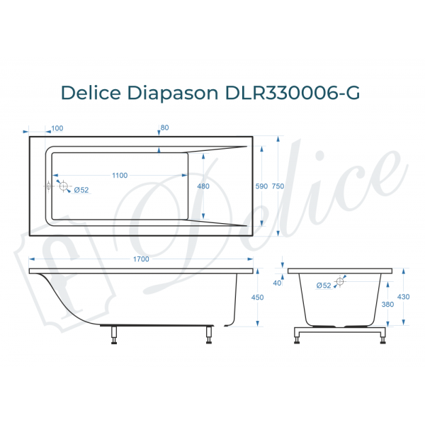 Ванна Ванна Delice Diapason 170х75 глянцевая (в комплекте только ванна, без ножек и слива-перелива)