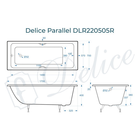 Ванна Ванна Delice Parallel 170х70 с черными матовыми ручками (в комплекте ванна с ножками, без слива-перелива)