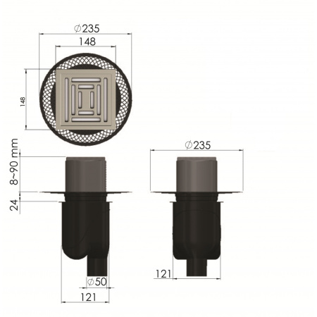 Трап для душа BERGES водосток PLATZ Uno 150х150, матовый хром, S-сифон D50/105 H50 вертикальный