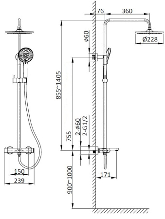 Душевая стойка Vincea Rondo VSFS-1R1GM с изливом, вороненая сталь