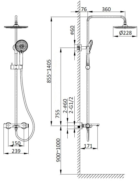Душевая стойка Vincea Rondo VSFS-1R1GM с изливом, вороненая сталь