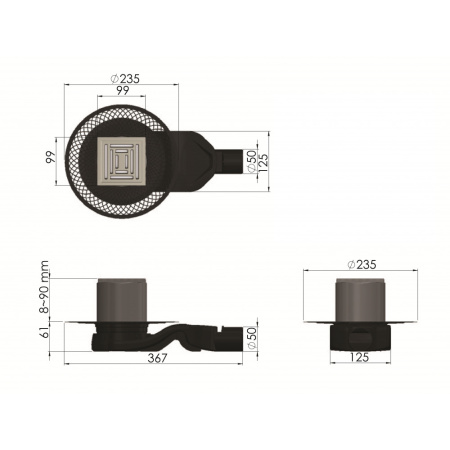 Трап для душа BERGES водосток PLATZ Uno 100х100, матовый хром, S-сифон D50 H60 боковой