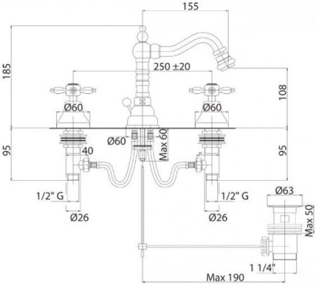 Смеситель для биде Cezares Nostalgia NOSTALGIA-BBS2-03/24 c донным клапаном