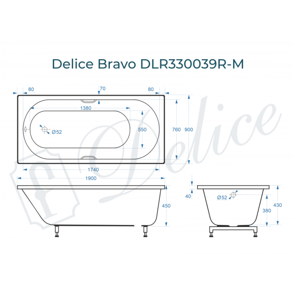 Ванна Ванна Delice Bravo 190х90 матовая с ручками Хром (в комплекте ванна с ножками и сливом-переливом)