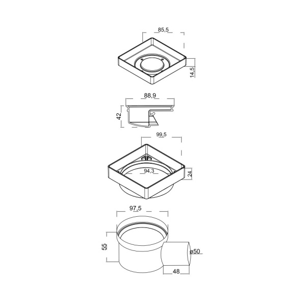 Трап для душа BERGES водосток напольный Trend Keramik 100*100 под керамическую плитку, D50 боковой