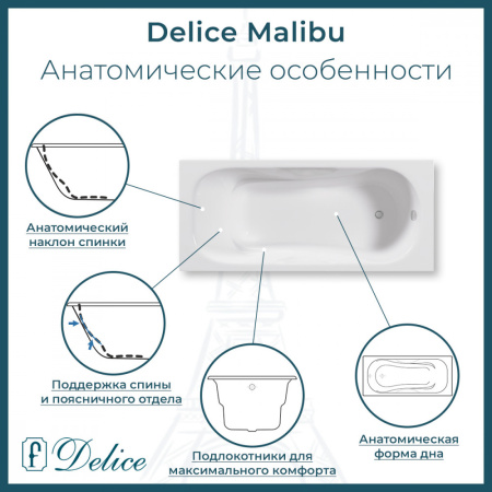 Ванна Ванна чугунная Delice Malibu 180х80 с антискользящим покрытием (в комплекте ванна с ручками хром и ножками, без слива-перелива)