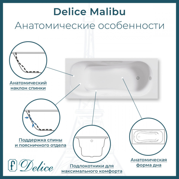 Ванна Ванна Delice Malibu 180х80 (в комплекте ванна с ножками и сливом-переливом)