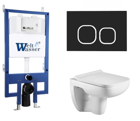 Унитаз с инсталляцией WeltWasser BAMBERG 545+KEHLBACH 004 GL-WT+BAMBERG BL белый/кнопка черная, безободковый, с крышкой микролифт