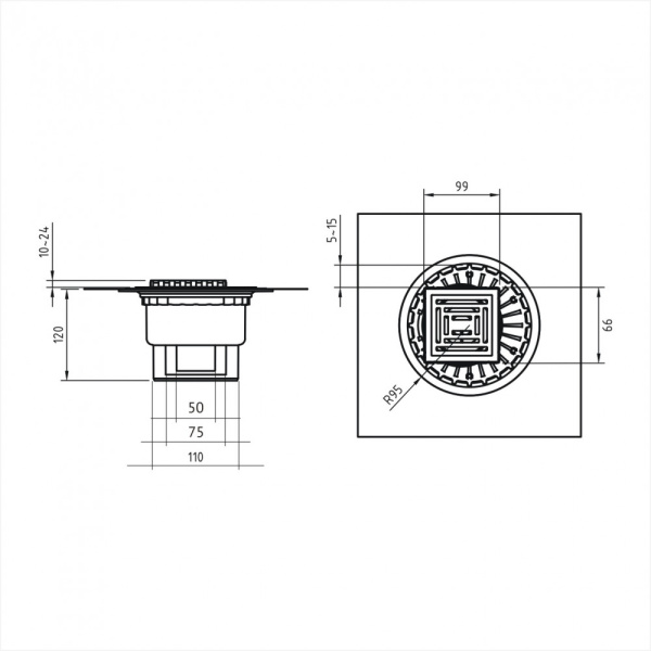 Трап для душа BERGES водосток ZENTRUM Uno 100х100, матовый хром, выпуск D50/75/110 H74 вертикальный