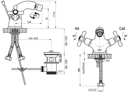 Смеситель для биде Cezares Nostalgia NOSTALGIA-BS1-03/24 с донным клапаном