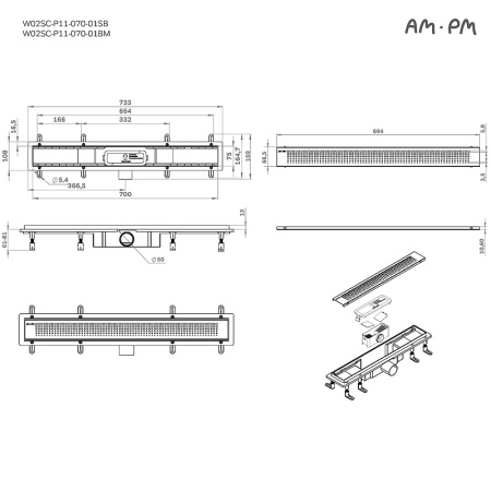 Трап для душа Am.Pm PrimeFlow 70 W02SC-P11-070-01SB с решеткой Хром матовый Cut Gradient