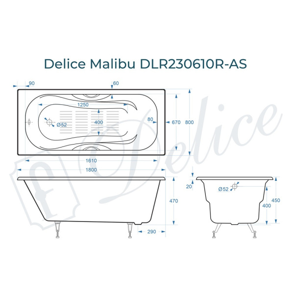 Ванна Ванна чугунная Delice Malibu 180х80 с антискользящим покрытием (в комплекте ванна с ручками хром и ножками, без слива-перелива)