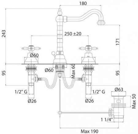 Смеситель Cezares Nostalgia NOSTALGIA-BLS2-03/24 с донным клапаном