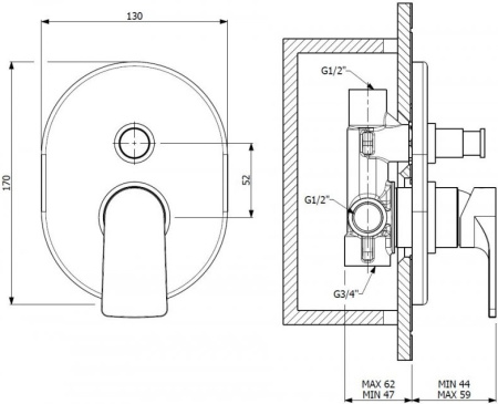 Смеситель для душа Cezares Lagos LAGOS-VDIM-01 с внутренней частью