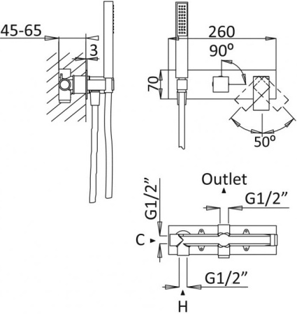 Смеситель для ванны Cezares Porta PORTA-VDM2-NOP с внутренней частью