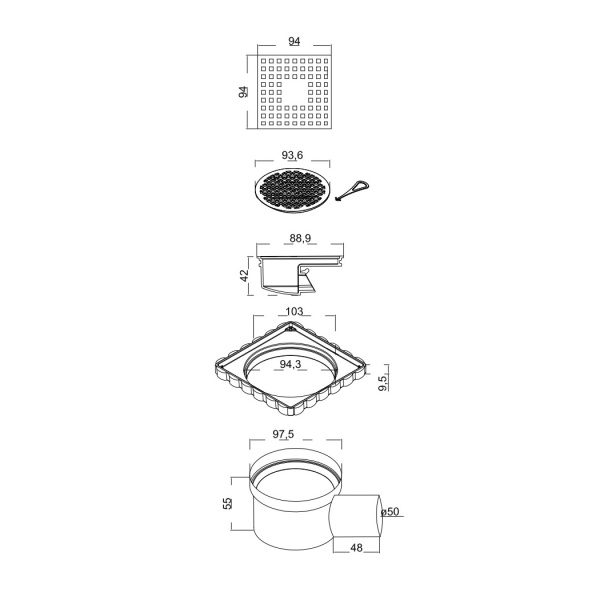 Трап для душа BERGES водосток напольный Trend 100x100 нержавеющая сталь, хром глянец, D50 боковой