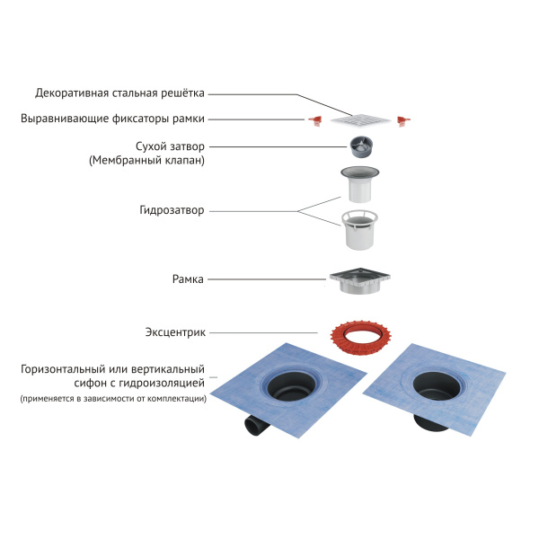 Трап для душа BERGES водосток ZENTRUM Uno 100х100, матовый хром, выпуск D50/75/110 H74 вертикальный