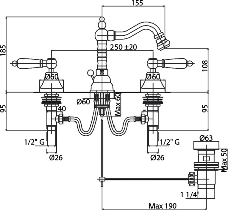Смеситель Cezares Diamond DIAMOND-BBS2-03/24-Sw с донным клапаном Смеситель Cezares Diamond DIAMOND-BBS2-03/24-Sw с донным клапаном