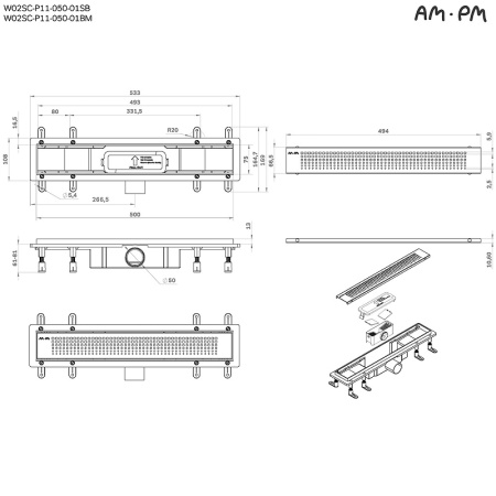 Трап для душа Am.Pm PrimeFlow 50 W02SC-P11-050-01SB с решеткой Хром матовый Cut Gradient