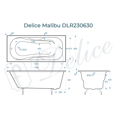Ванна Ванна Delice Malibu 170х80 (в комплекте ванна с ножками и сливом-переливом)