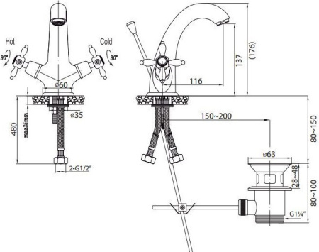 Смеситель для раковины Cezares Nostalgia NOSTALGIA-LS1-02 с донным клапаном